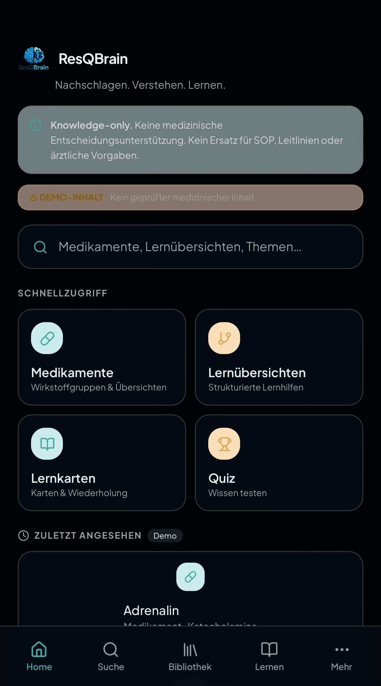 Demoansicht von ResQBrain mit Knowledge-only-Hinweis, Suche und Lernbereichen